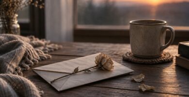 Carta doblada junto a una flor seca y una taza