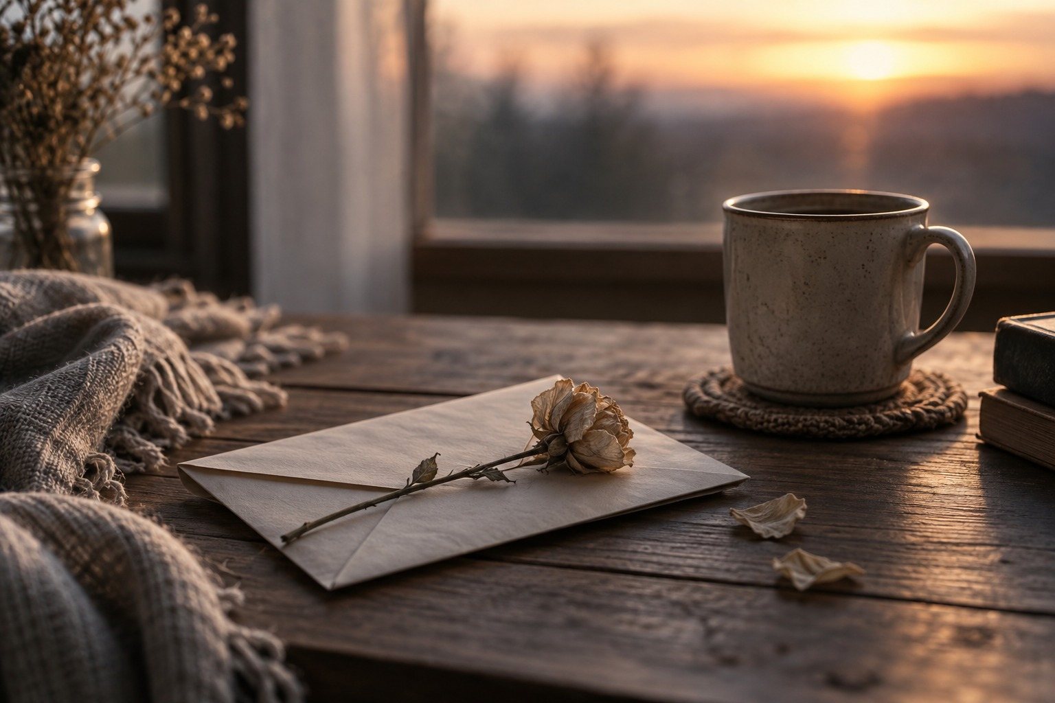 Frases de desamor cortas para expresar lo que cuesta decir — Imagen 1 Carta doblada junto a una flor seca y una taza