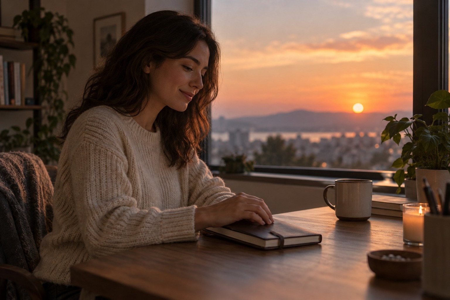 Persona cerrando un cuaderno junto a una ventana al atardecer