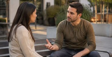 Una pareja conversa con serenidad en un patio urbano