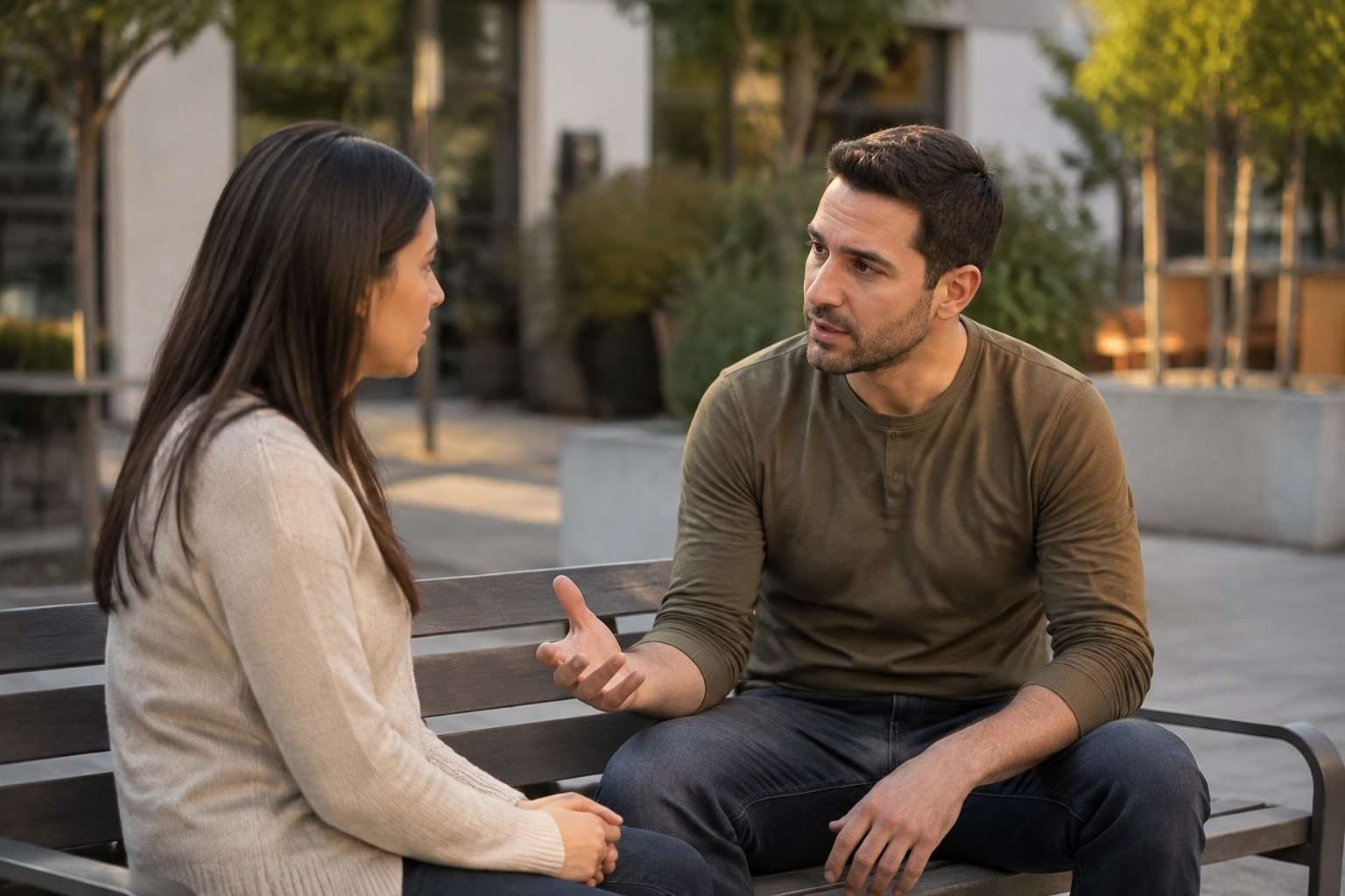 Frases para pedir perdón a tu pareja según lo que haya ocurrido — Imagen 1 Una pareja conversa con serenidad en un patio urbano